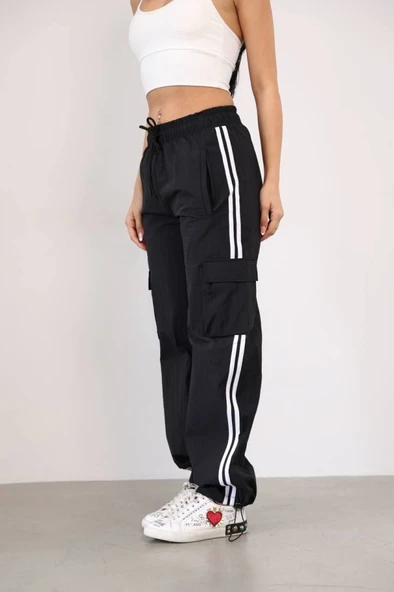 Praşut Kumaş Kargo Çeplı Baggy Esofman - Siyah - 2
