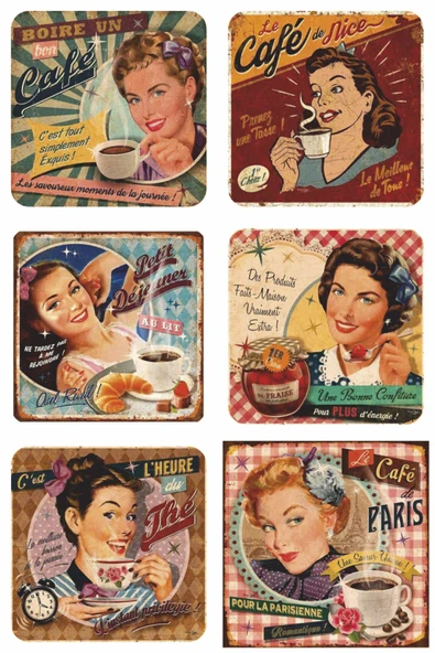 cafe de paris fransa paris eyfel kafe kahve mutfak dekor estetik retro 6lı ahşap bardak atllığı seti - 1