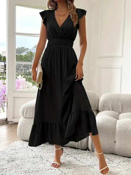 Kadın Kısa Kollu Kruvaze Yakalı Beli Lastikli Müslim Elbise - Resim 5