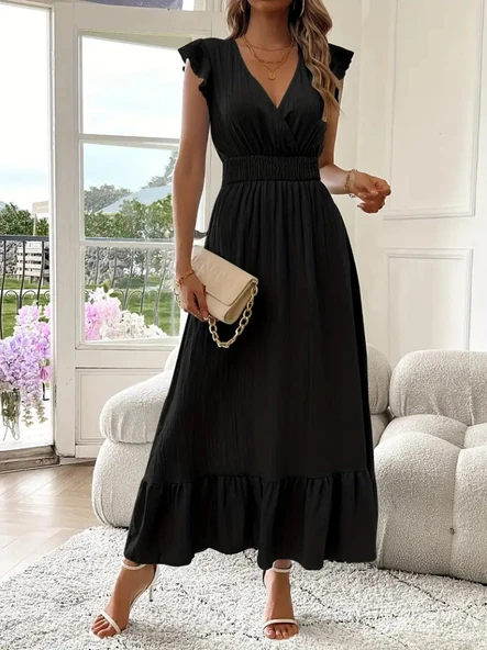 Kadın Kısa Kollu Kruvaze Yakalı Beli Lastikli Müslim Elbise - Resim 3