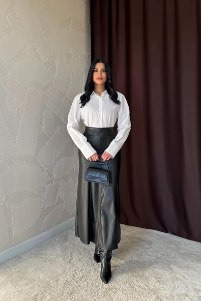 Siyah Fermuar Detaylı Deri Etek - 2