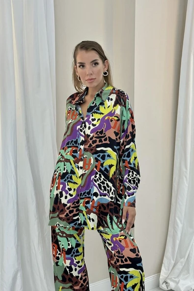 Desenli Dijital Desenli Gömlek Ve Pantolon Takım - 3