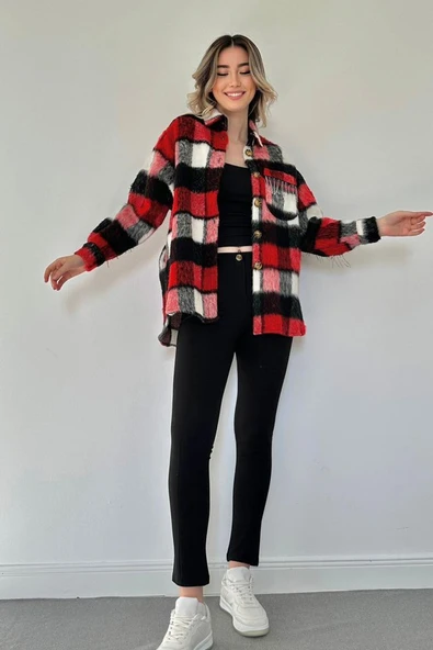 Kırmızı Buklet Cepli Zincir Taşlı Gömlek - 2