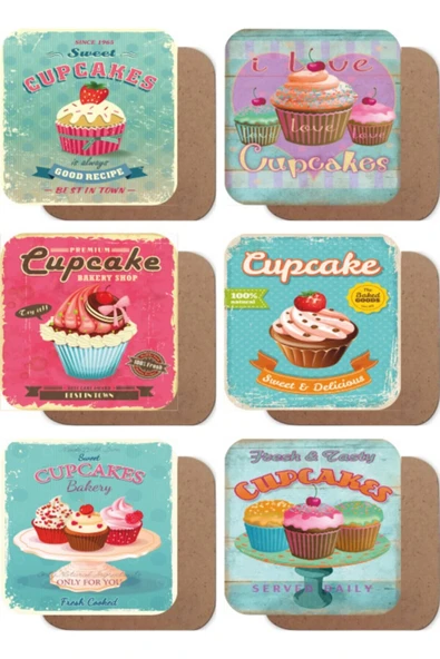 Cup Cakes Kupkek Temalı 6lı Ahşap Bardak Altlığı Seti