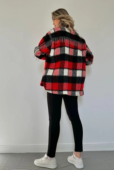 Kırmızı Buklet Cepli Zincir Taşlı Gömlek - 4