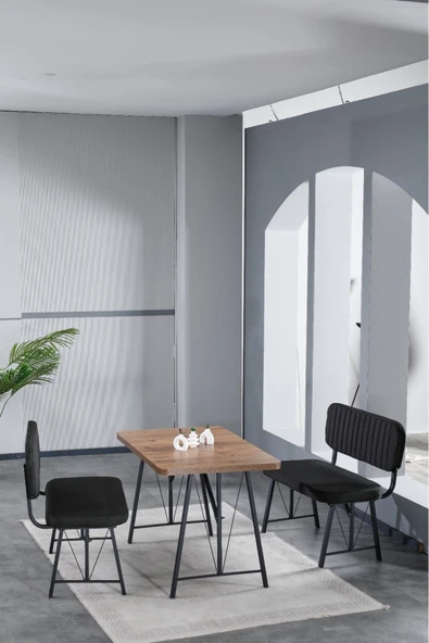 Hayat 70x110 Atlantik Mutfak Masası, Mutfak Masası Takımı, Yemek Masası, 2 Benchli - Siyah - 2