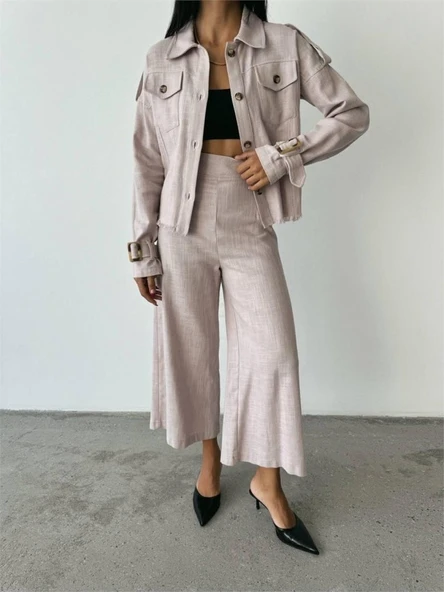 KETEN PÜSKÜL DETAYLI GÖMLEK-PANTOLON TAKIM - Vizon - Resim 3