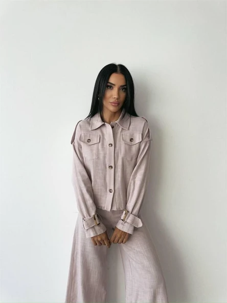 KETEN PÜSKÜL DETAYLI GÖMLEK-PANTOLON TAKIM - Vizon - Resim 2