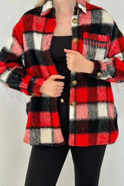 Kırmızı Buklet Cepli Zincir Taşlı Gömlek - 3