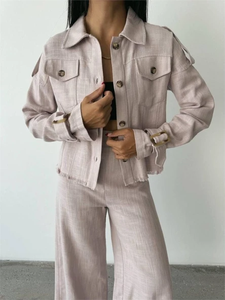 KETEN PÜSKÜL DETAYLI GÖMLEK-PANTOLON TAKIM - Vizon - Resim 4