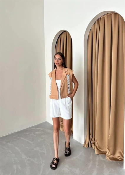 GABARDİN YELEK DANTEL DETAYLI - Kahverengi - Resim 3