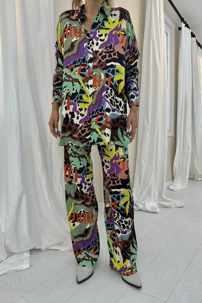 Desenli Dijital Desenli Gömlek Ve Pantolon Takım - 4