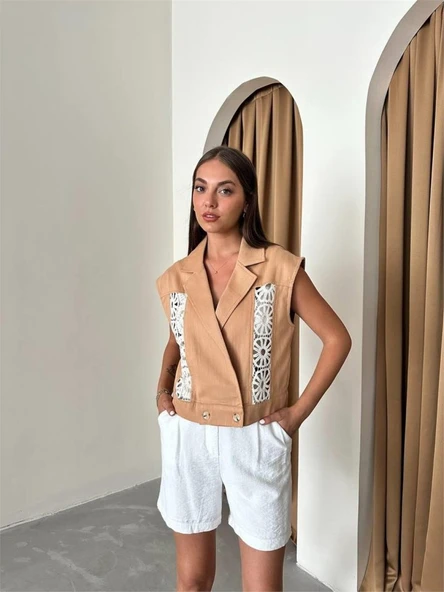 GABARDİN YELEK DANTEL DETAYLI - Kahverengi - Resim 4