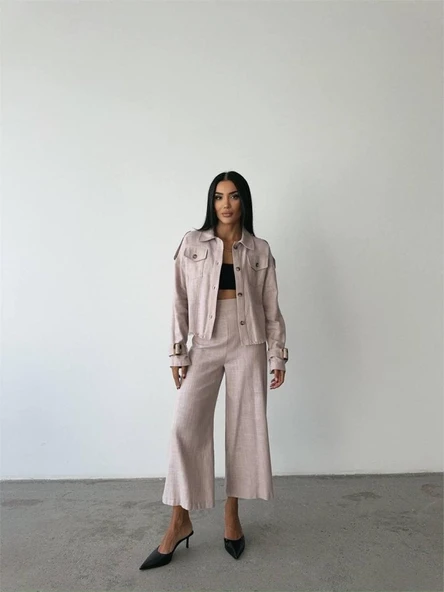 KETEN PÜSKÜL DETAYLI GÖMLEK-PANTOLON TAKIM - Vizon ürün görseli