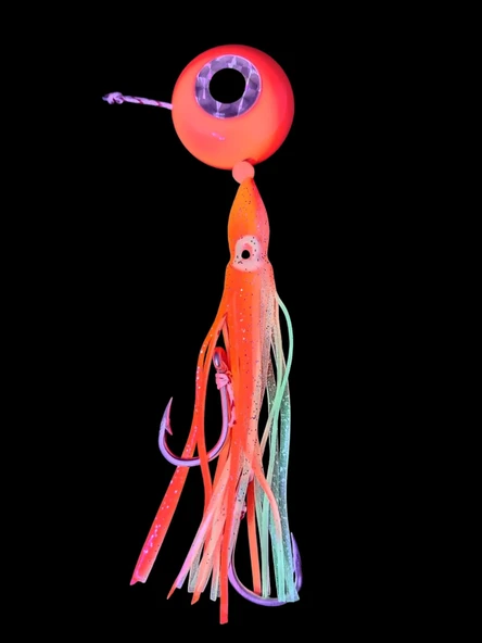 S.F. Melek Gözü Jig 200g Kırmızı UV - 0/5 No Paslanmaz İğne - Kırmızı Glow Saçak - Resim 2