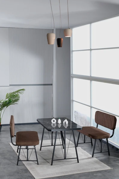 Hayat 70x110 Bendir Mutfak Masası, Mutfak Masası Takımı, Yemek Masası, 2 Benchli - Kahverengi