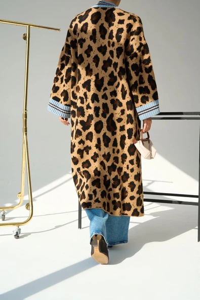 Uzun Leopar Hırka - Camel-Mavi - 2