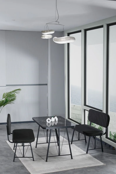 Hayat 70x110 Bendir Mutfak Masası, Mutfak Masası Takımı, Yemek Masası, 2 Benchli - Siyah