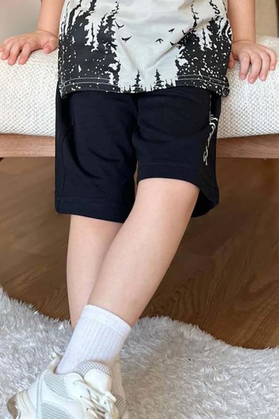 Erkek Çocuk Ağaç ve Güneş Baskılı T-shirt Yazı Detaylı Bej Şortlu Takım - Resim 4