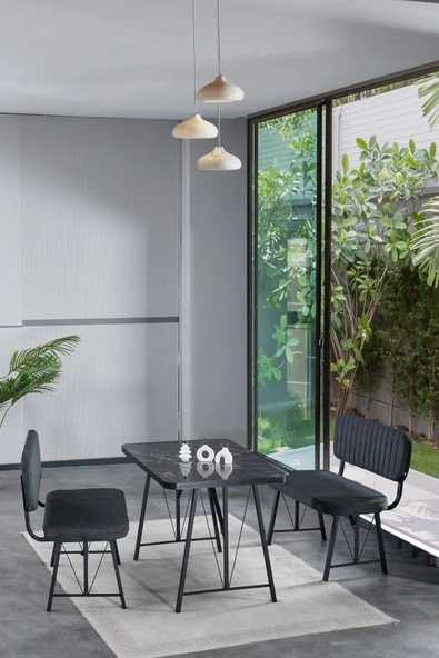 Hayat 70x110 Bendir Mutfak Masası, Mutfak Masası Takımı, Yemek Masası, 2 Benchli - Lacivert