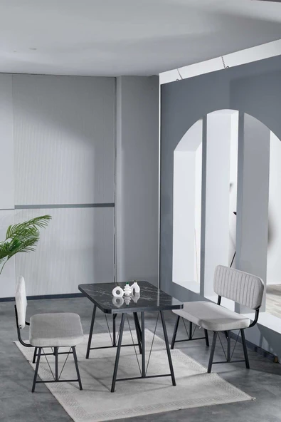 Hayat 70x110 Bendir Mutfak Masası, Mutfak Masası Takımı, Yemek Masası, 2 Benchli - Açık Gri