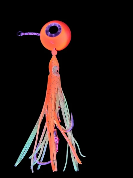 S.F. Melek Gözü Jig 120g Turuncu UV - 0/2 No Paslanmaz İğne - Turuncu Glow Saçak - Resim 2