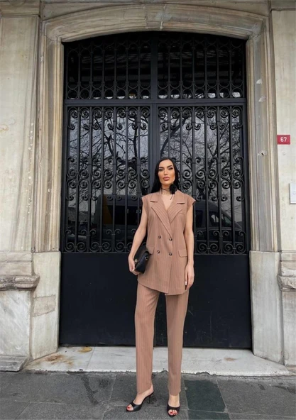 ÇİZGİLİ UZUN YELEK - PANTOLON TAKIM POLVİSCON - Kahverengi - Resim 2