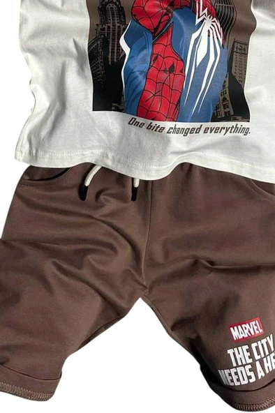 Erkek Çocuk Örümcek Adam Karakter ve Yazı Baskılı T-shirt İp Detaylı Kahverengi Şortlu Takım - Resim 7
