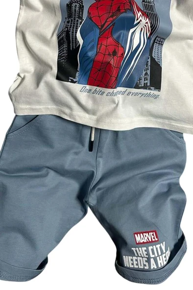 Erkek Çocuk Örümcek Adam Karakter ve Yazı Baskılı T-shirt İp Detaylı Mavi Şortlu Takım - 6