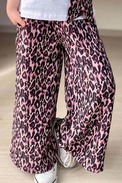 Kız Çocuk Leopar Desenli Fiyonk T-shirt Bol Kesim Leoparlı Keten Alt Üst Takım - Resim 5
