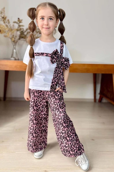 Kız Çocuk Leopar Desenli Fiyonk T-shirt Bol Kesim Leoparlı Keten Alt Üst Takım - Resim 3