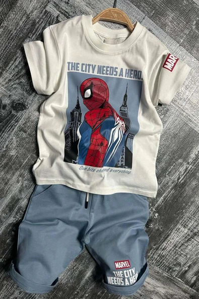 Erkek Çocuk Örümcek Adam Karakter ve Yazı Baskılı T-shirt İp Detaylı Mavi Şortlu Takım - 5