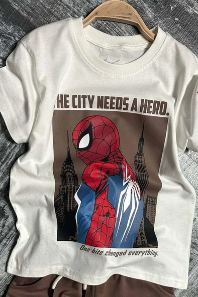 Erkek Çocuk Örümcek Adam Karakter ve Yazı Baskılı T-shirt İp Detaylı Kahverengi Şortlu Takım - Resim 2