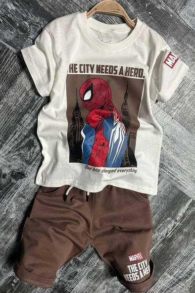 Erkek Çocuk Örümcek Adam Karakter ve Yazı Baskılı T-shirt İp Detaylı Kahverengi Şortlu Takım ürün görseli