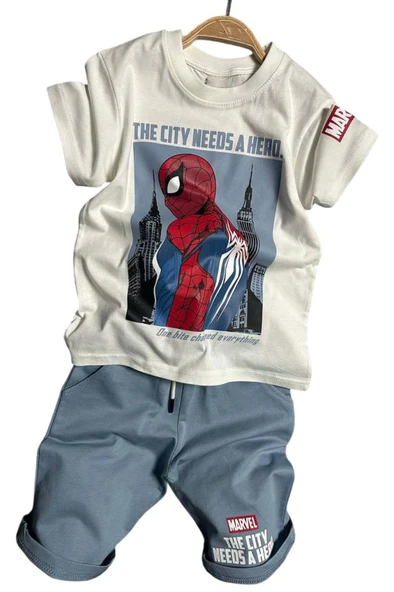 Erkek Çocuk Örümcek Adam Karakter ve Yazı Baskılı T-shirt İp Detaylı Mavi Şortlu Takım - 7