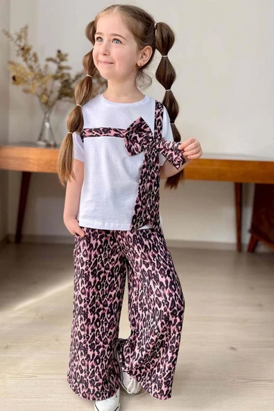 Kız Çocuk Leopar Desenli Fiyonk T-shirt Bol Kesim Leoparlı Keten Alt Üst Takım - Resim 2
