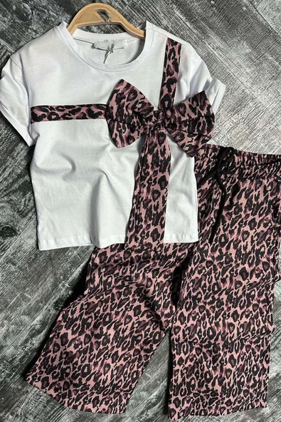 Kız Çocuk Leopar Desenli Fiyonk T-shirt Bol Kesim Leoparlı Keten Alt Üst Takım ürün görseli