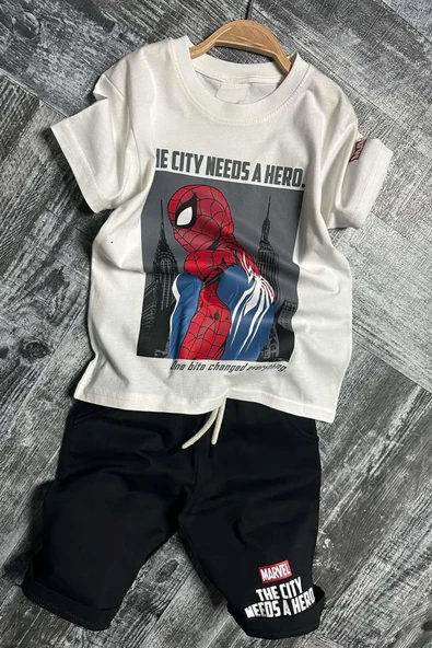 Erkek Çocuk Örümcek Adam Karakter ve Yazı Baskılı T-shirt İp Detaylı Siyah Şortlu Takım - 5