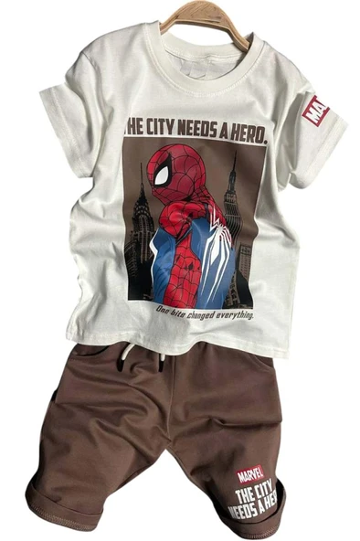 Erkek Çocuk Örümcek Adam Karakter ve Yazı Baskılı T-shirt İp Detaylı Kahverengi Şortlu Takım - Resim 5
