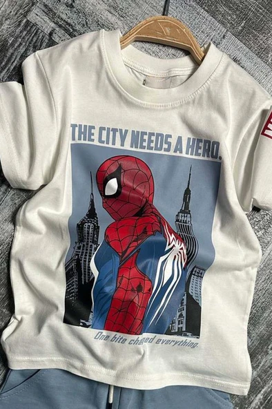 Erkek Çocuk Örümcek Adam Karakter ve Yazı Baskılı T-shirt İp Detaylı Mavi Şortlu Takım