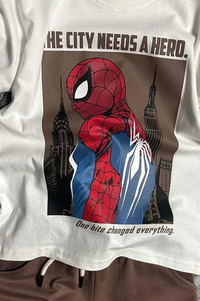 Erkek Çocuk Örümcek Adam Karakter ve Yazı Baskılı T-shirt İp Detaylı Kahverengi Şortlu Takım - Resim 4