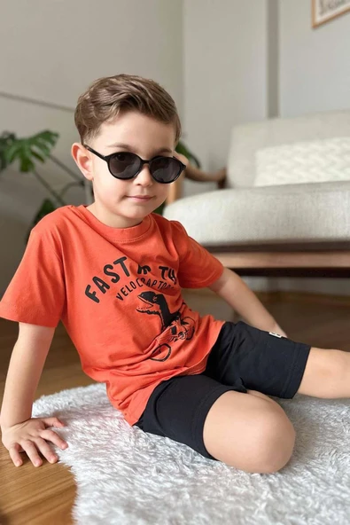Erkek Çocuk Dinazor ve Bisiklet Baskılı Turuncu T-shirt Penye Şortlu Takım - 7