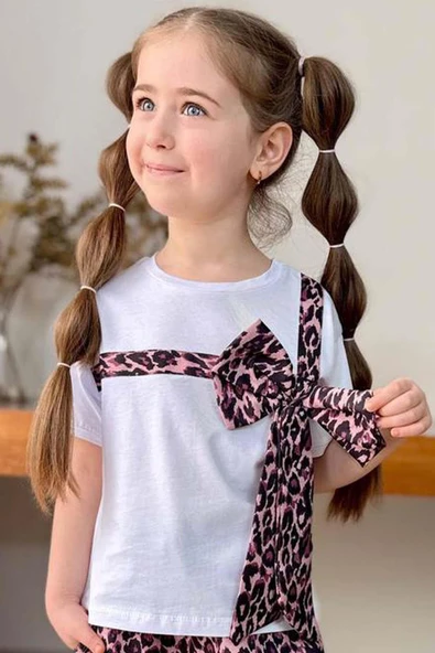 Kız Çocuk Leopar Desenli Fiyonk T-shirt Bol Kesim Leoparlı Keten Alt Üst Takım - Resim 4