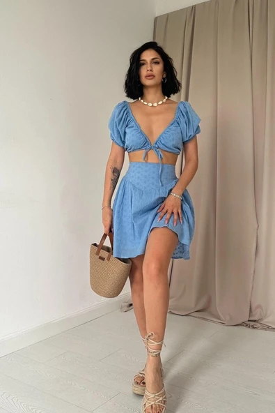 Mavi Brode Crop Ve Mini Etek Takım