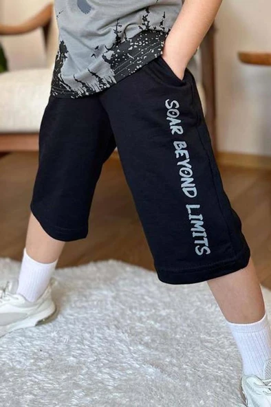 Erkek Çocuk Ağaç ve Güneş Baskılı T-shirt Yazı Detaylı Gri Şortlu Takım - 4