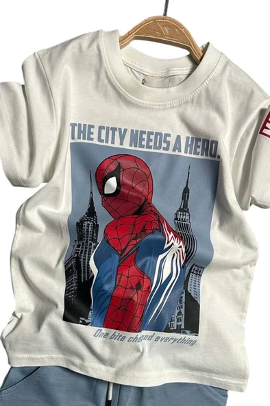 Erkek Çocuk Örümcek Adam Karakter ve Yazı Baskılı T-shirt İp Detaylı Mavi Şortlu Takım - 5