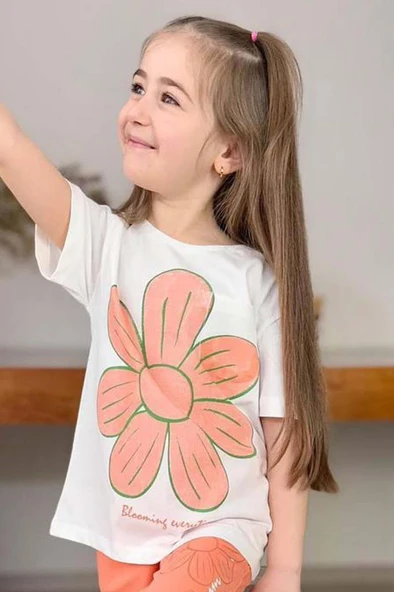 Kız Çocuk Üzeri Papatya Baskılı T-Shirt Çift Cepli Lastikli Turuncu Pijama Takımı - Resim 4