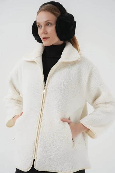 5211 Fermuarlı Peluş Mont - Ekru - 4