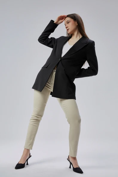 Siyah Kruvaze Uzun Blazer Ceket - 9