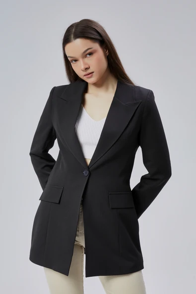 Siyah Kruvaze Uzun Blazer Ceket - 4